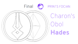 Wireframe image of Charon's Obol on a white background. Prints Focian Icon top and central. Text: Purple Prints Focian, Charon's Obol, and Hades. Dark grey text Final