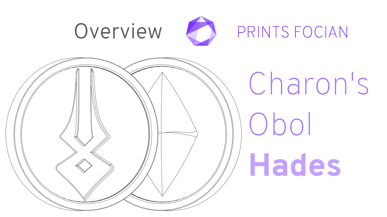 Wireframe image of Charon's Obol on a white background. Prints Focian Icon top and central. Text: Purple Prints Focian, Charon's Obol, and Hades. Dark grey text Overview