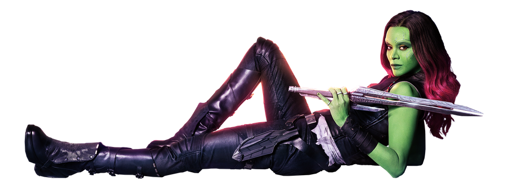 Gamora lying down displaying her sword.