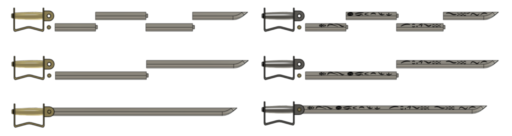 Breakdown side view of King Bradleys sword, and General Armstrong's Sword. Master, Raw Build and Print it Yourself versions.