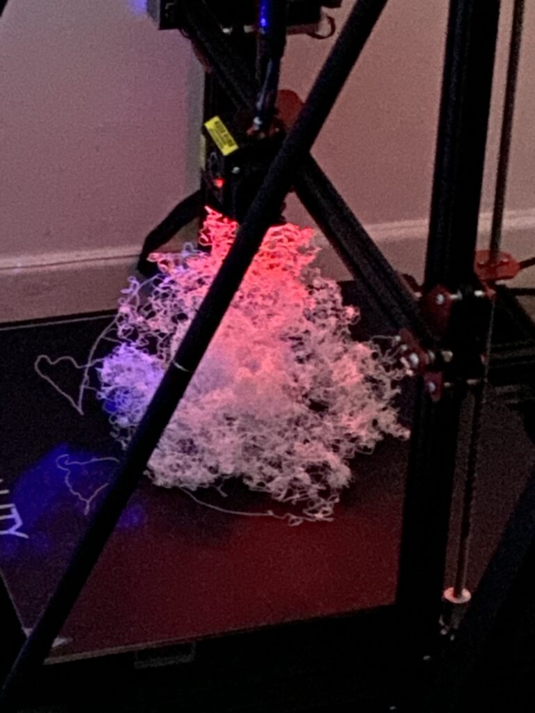 An epic failure in an image. The print failed and it's a huge ball of PLA cotton candy.