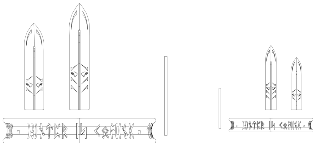 Wireframe of the design, front on and exploded to showing sizes of crown and spike