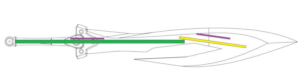 Image of design of Tidus' first sword with Raw Build Support Rods highlighted