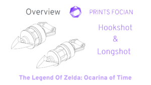 Wireframe image of the Hookshot and Longshot on a white background. Prints Focian Icon top and central. Text: Purple Prints Focian, Hookshot & Longshot, The Legend of Zelda: Ocarina of Time and dark grey Overview