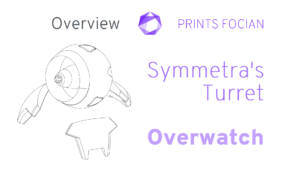 Wireframe image of Symmetra's Turret on a white background. Prints Focian Icon top and central. Text: Purple Prints Focian, Symmetra's Turret, Overwatch and dark grey Overview