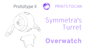 Wireframe image of Symmetra's Turret on a white background. Prints Focian Icon top and central. Text: Purple Prints Focian, Symmetra's Turret, Overwatch and dark grey Prototype II