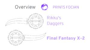 Wireframe image of Rikku's Daggers on a white background. Prints Focian Icon top and central. Text: Purple Prints Focian, Rikku's Daggers, Final Fantasy X-2 and dark grey Overview.