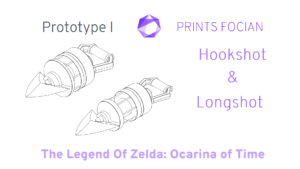 Wireframe image of the Hookshot and Longshot on a white background. Prints Focian Icon top and central. Text: Purple Prints Focian, Hookshot & Longshot, The Legend of Zelda: Ocarina of Time and dark grey Prototype I.