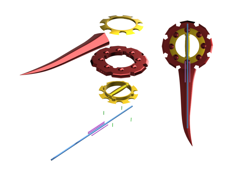 Exlpoded view of Rikku's daggers FFX-2 and suggested support rods overlayed.