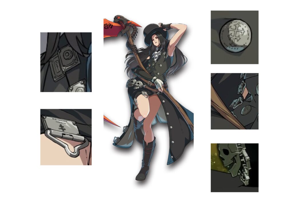 Image of Testament in the centre, with eaqch of the items needed for crafting around her.