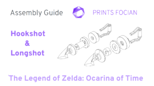 Text: Prints Focian, Assembly Guide, Hookshot & Longshot, The Legend of Zelda: Ocarina of TIme. Image is hookshot and longshot in exploded view