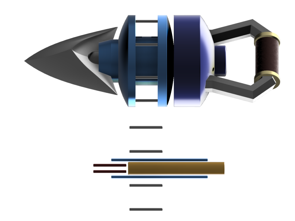 Render of the hookshot. Support rods overlaid and beneath.