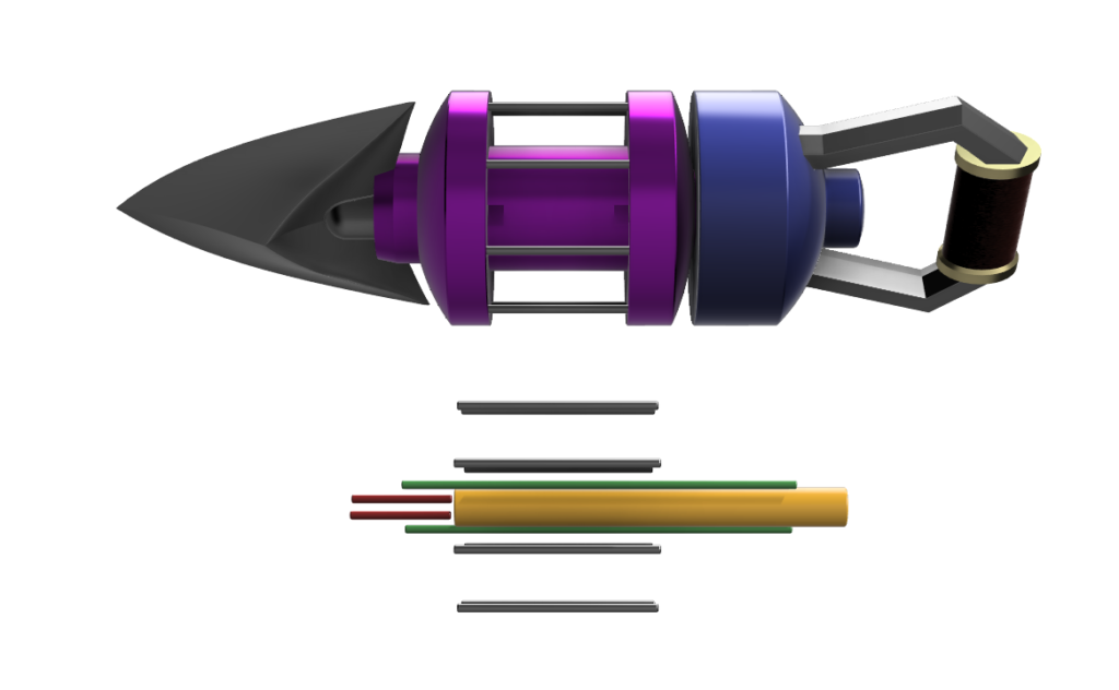 Render of the longshot. Support rods overlaid and beneath.