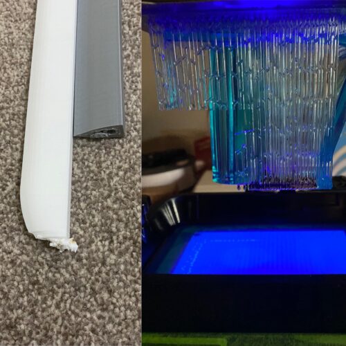 Two images cast together, on the left a couple of failed prints from the blade, with the tips not printed properly, and on the right, the resin-printed handle failed half way through.