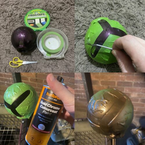 Collage of images. Frog tape and the purple body of Symmetra Turret 3D Print on the top left. Top right is the tape being removed from the middle seciton. Bottom left shows the taped body with the gold spray can in front of it. Bottom right shows it after the gold paint has been aplpied.