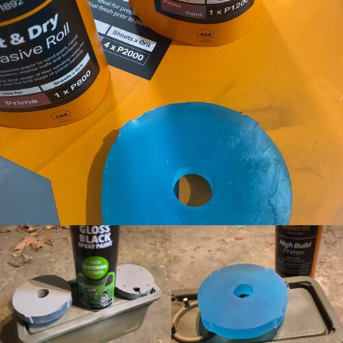 A collage of three images of the light diffuser. One by sand paper, one by filler primer and the last by gloss black.
