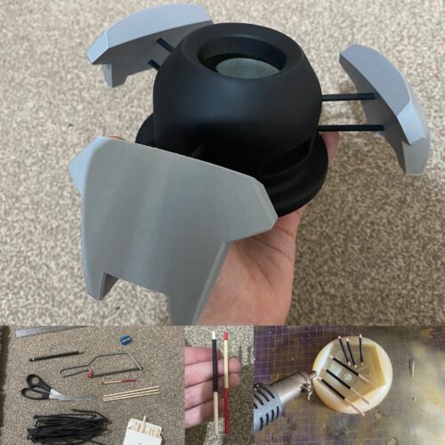 Collage of four images. The largest at the top is the base wiht the legs of Symmetra Turret 3D print loosely attached. Bottom left, tools, bottom middle, two of the rods up close, bottom right, all the support rods being heat treated.