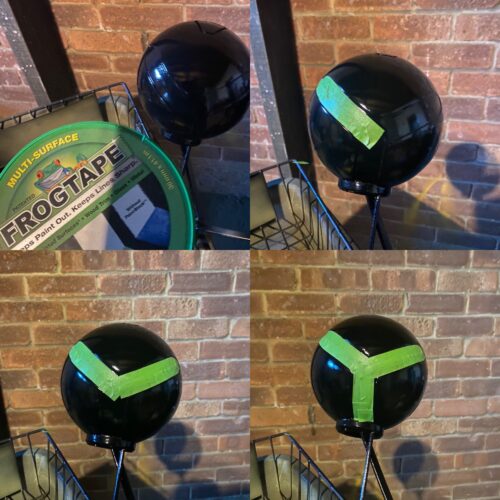 Four images as one: Body of the turret in black in the top left, with frog tape held in front of it. Then three more with varying degrees of progress, with exactly a third of the backed bit on each square.