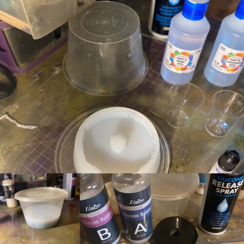 A collage of images. Silicone mold being made in the bottom left, with the equipment in the bottom right. The resin for the created mold is top centre.