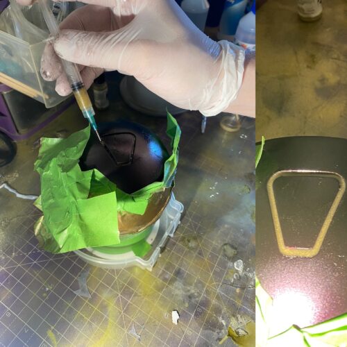 Resin being syringed into the recesses on the side of the body of Symmetra Turret 3D print 