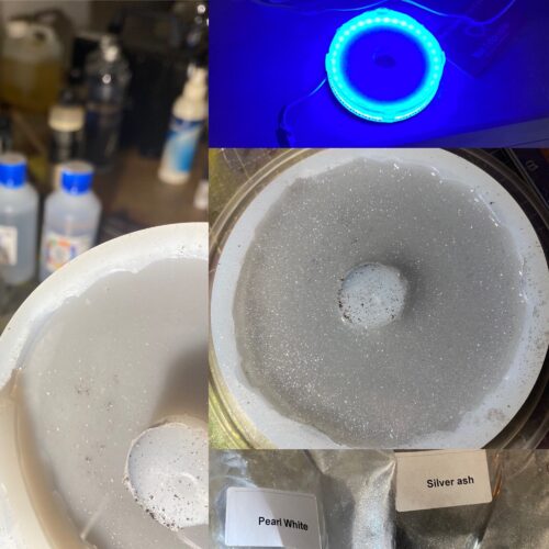 Image collage. Left, half the mold is filled with resin. Bottom right, two mica powder bags. Middle right, the completed diffuser for the Symmetra Turret 3D print close-up still in the mold. Top right, the item resting on a lit LED ring.