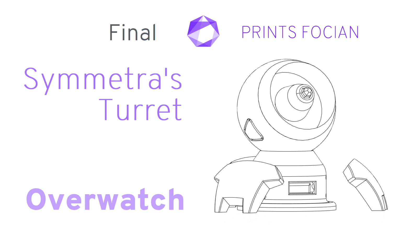 White back ground, wireframe of design, purple writing saying: Symmetras Turret, Overwatch.