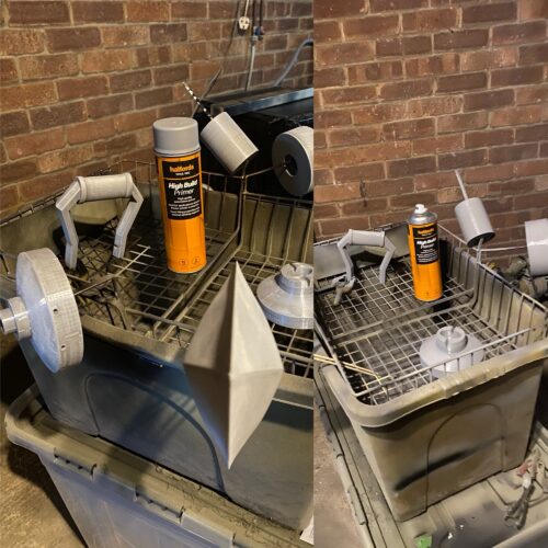 Part of the sanding priming dance, all pieces are being primed with High Build Primer in grey. Grey paint on Grey PLA, no too easy to see the difference.