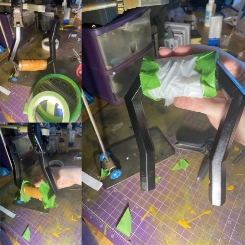 Collage of new tape being added to protect the leather handle and gold work.