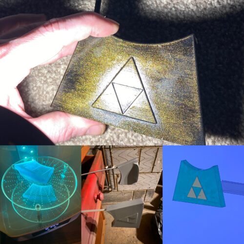 A colage of the stand being designed, cured, painted then presented.