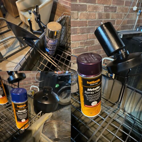 All parts are gloss black with their respective colours byt their parts: chrome for the metal work, and blue and pruple for the body parts.