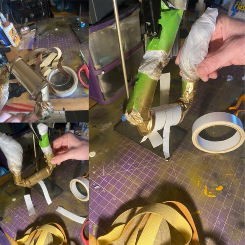 Collage of the leather strips being added to the golden handle using double sided tape.