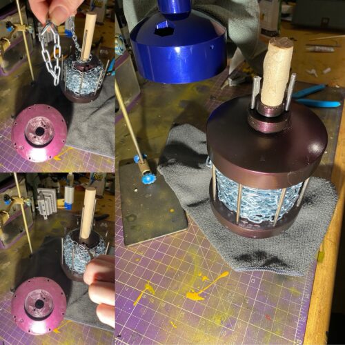 Collage of images from the assembly. CHain and metal rods installed, then the whole thing epoxy resined together.