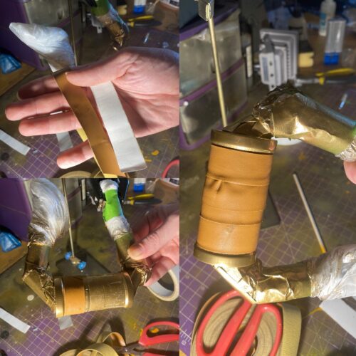 Collage of leather being added to the gold handle.