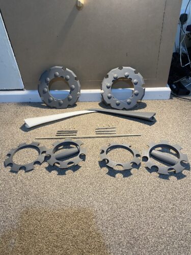 All planned parts of Rikku's Daggers from FFX-2 laid out with their support rods.