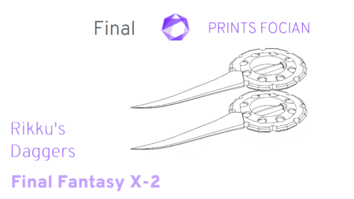 White background, blackwireframe of two of Rikkue's Daggers. Text of Prints Focian, Rikku's Daggers and Final.
