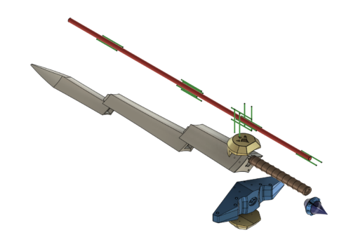 Isometric render of the Raw Build version of Biggoron's Sword with the support rods viewable in green and red.
