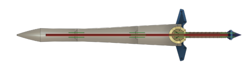 Side viewrender of the Raw Build version of Biggoron's Sword with the support rods viewable in green and red.