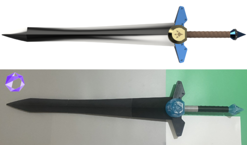 Biggoron's Sword Zelda Ocarina of Time cosplay versions render above, physical 3D Print below