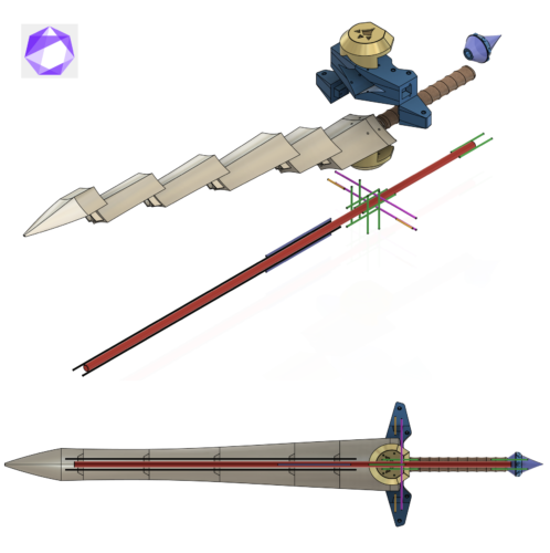 Two renders of the Biggonron's Sword from Legend of Zelda Ocarina of Time. One bird's eye view, the other isomentric. Both have coloured support rods highlighted.