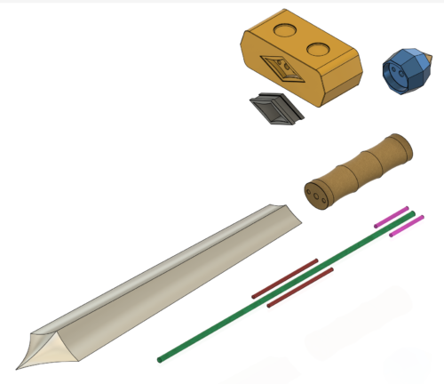 Isometric render of the Kokiri Sword from Majora's Mask. This is the Raw Build version, showing the support rods underneath.