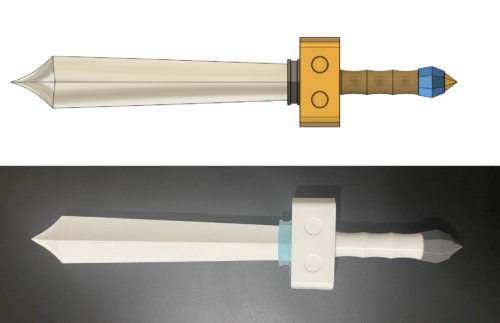Printed version o the Kokiri Sword from Zelda Majoras Mask. Printed in white and grey PLA with the band in blue. Render of the sword is above it on a white background.
