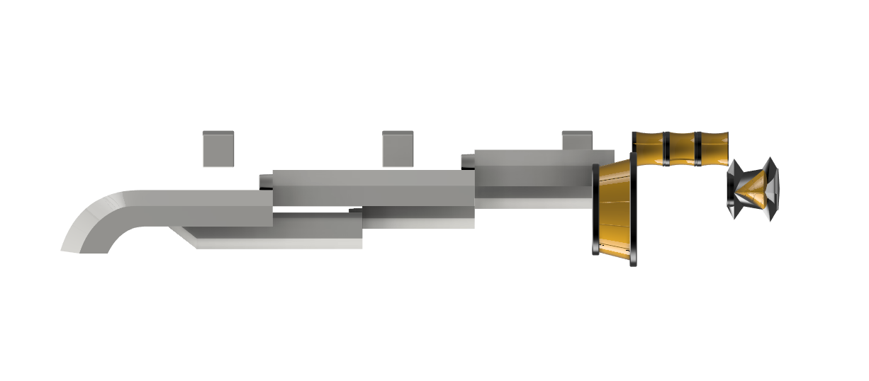A render of the 3d model of the print it yourself version of the Razor Sword from Majora's Mask. It is held at an angle that shows the basic design of the sword, but also each individual part.