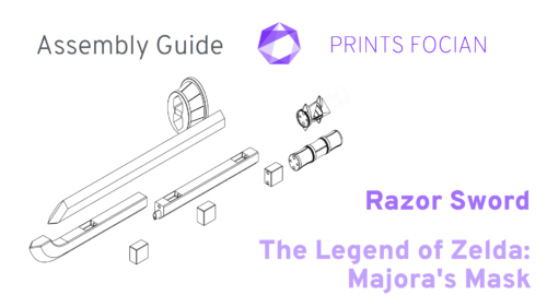 Wireframe image of the Razor Sword. Text reads Assembly Guide, Prints Focian, Razor Sword and The Legend of Zelda: Majora's Mask. White background, purple and grey text.
