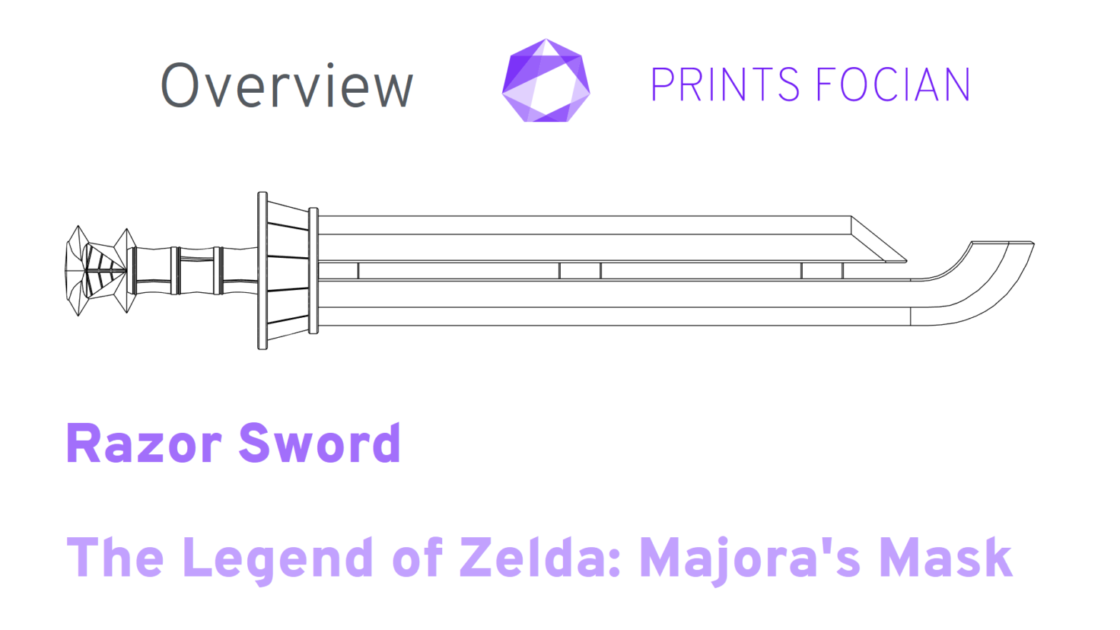 Wireframe image of the Razor Sword. Text reads Overview, Prints Focian, Razor Sword and The Legend of Zelda: Majora's Mask. White background, purple and grey text.