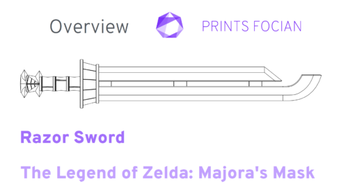 Wireframe image of the Razor Sword. Text reads Overview, Prints Focian, Razor Sword and The Legend of Zelda: Majora's Mask. White background, purple and grey text.