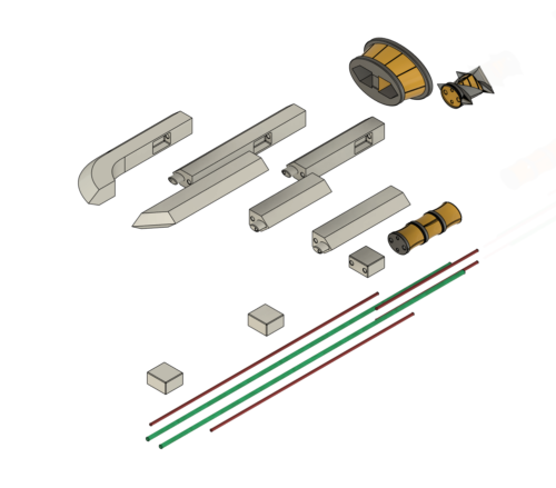 Design of the Print It Yourself version of the Razor Sword with Support Rods shown from an isometric angle.