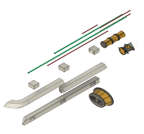 Design of the Raw Build version of the Razor Sword with Support Rods shown from an isometric angle.