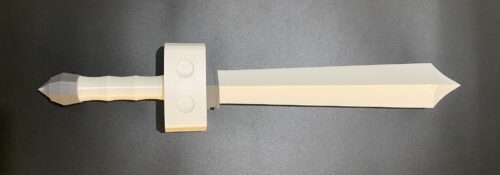 All parts of the Raw Build Kit for the Kokiri Sword from Zelda Majora's Mask, printed in grey and white PLA on a black background.