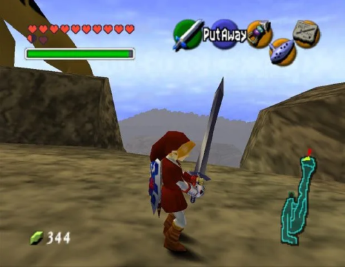 In game screen shot of link in red holding the large sword at the top of Death Mountain.